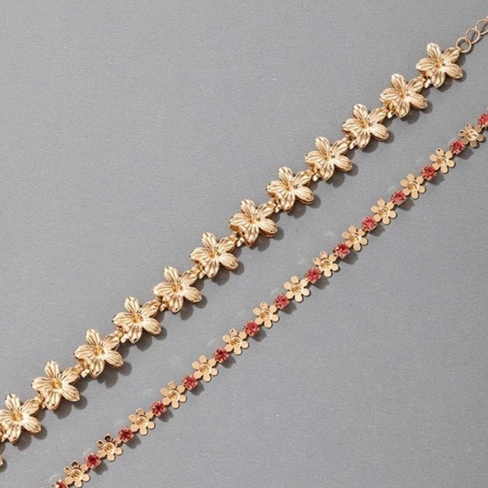 Gold Flower Rhinestone Gem Bracelet Set 2pc - Picture 5 of 5
